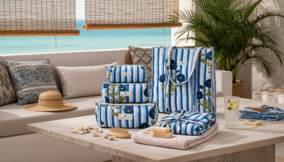 kit voyage paris sur une table en vacances avec sac cabas, trousses de toilette, caftan