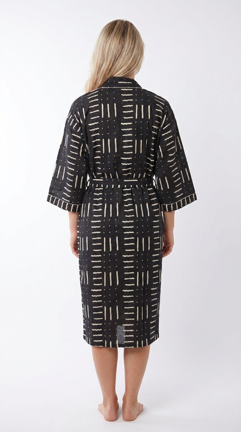 Lightweight block-print cotton robe by Bohosoleil, Bamako style (back view)