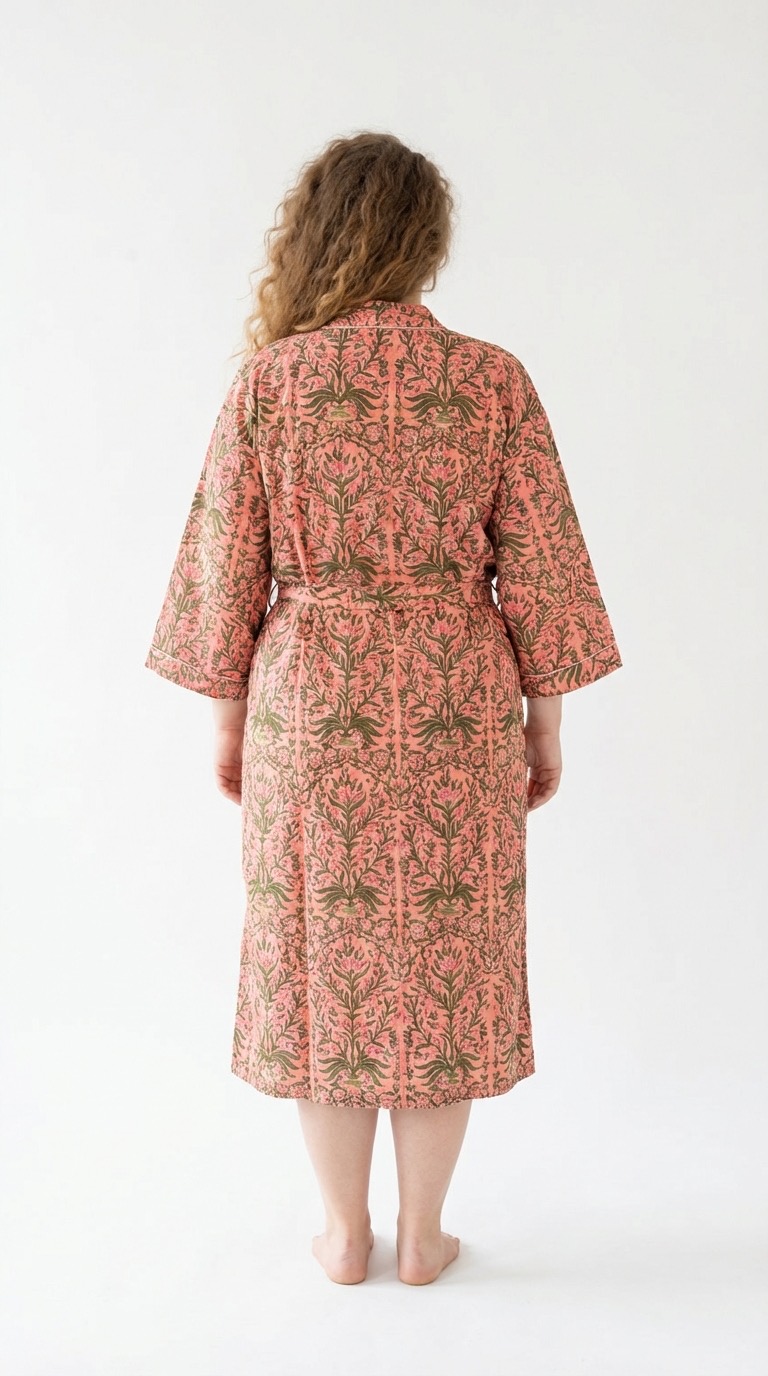 Lightweight cotton block print bathrobe by Bohosoleil, Bangkok model, back view