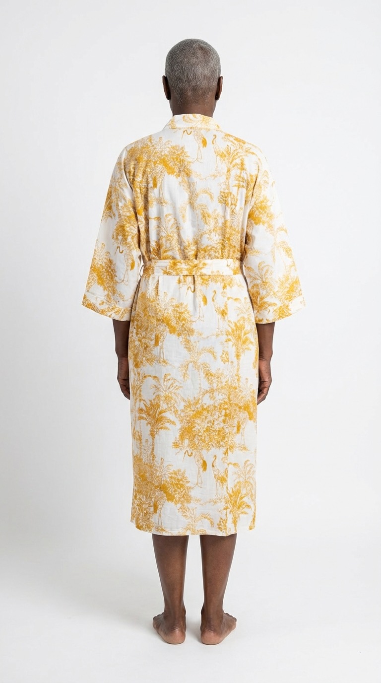 Lightweight cotton block print bathrobe by Bohosoleil, Nairobi model, back view