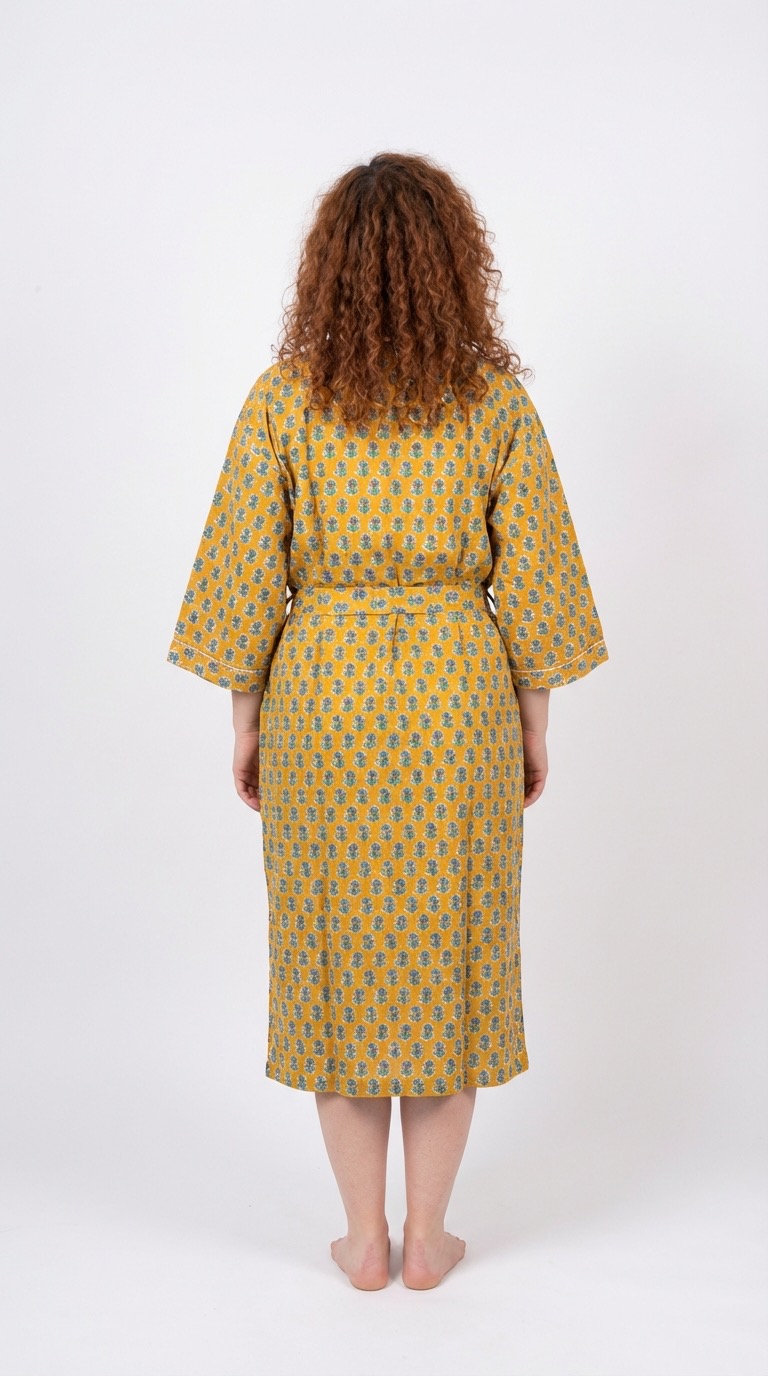 Peignoir léger en coton block print par Bohosoleil modèle Sri lanka de dos