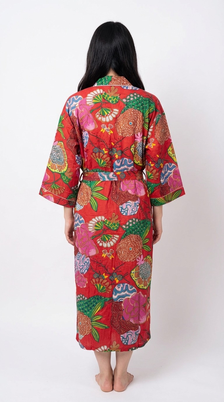 Lightweight cotton block print bathrobe by Bohosoleil, Hanoi model, back view