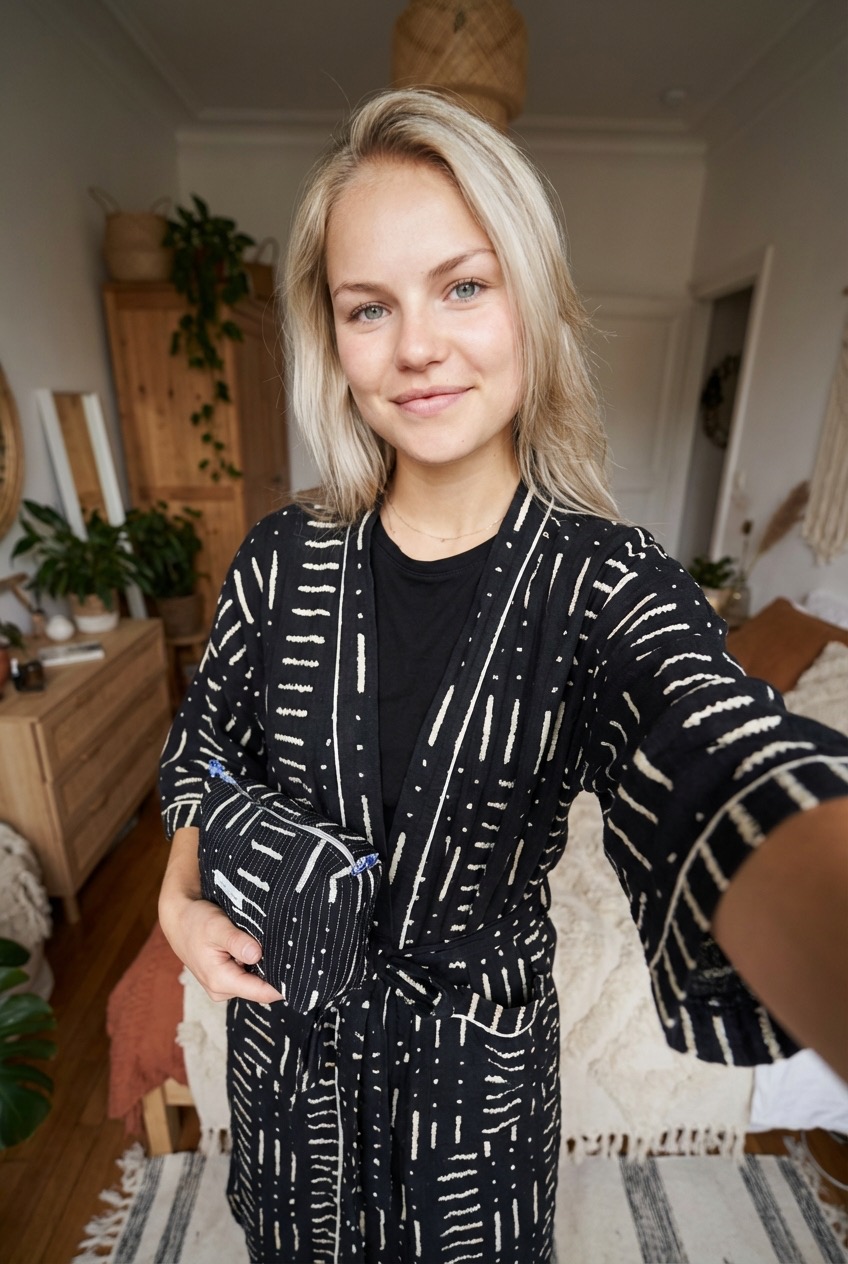 Sweet Home Bamako kit in modern black cotton with bathrobe and toiletry bags