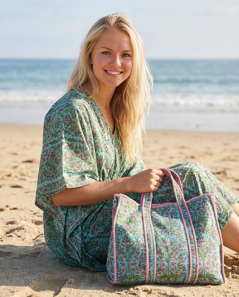 caftan plage en coton motif fleurs fond bleu et sac cabas
