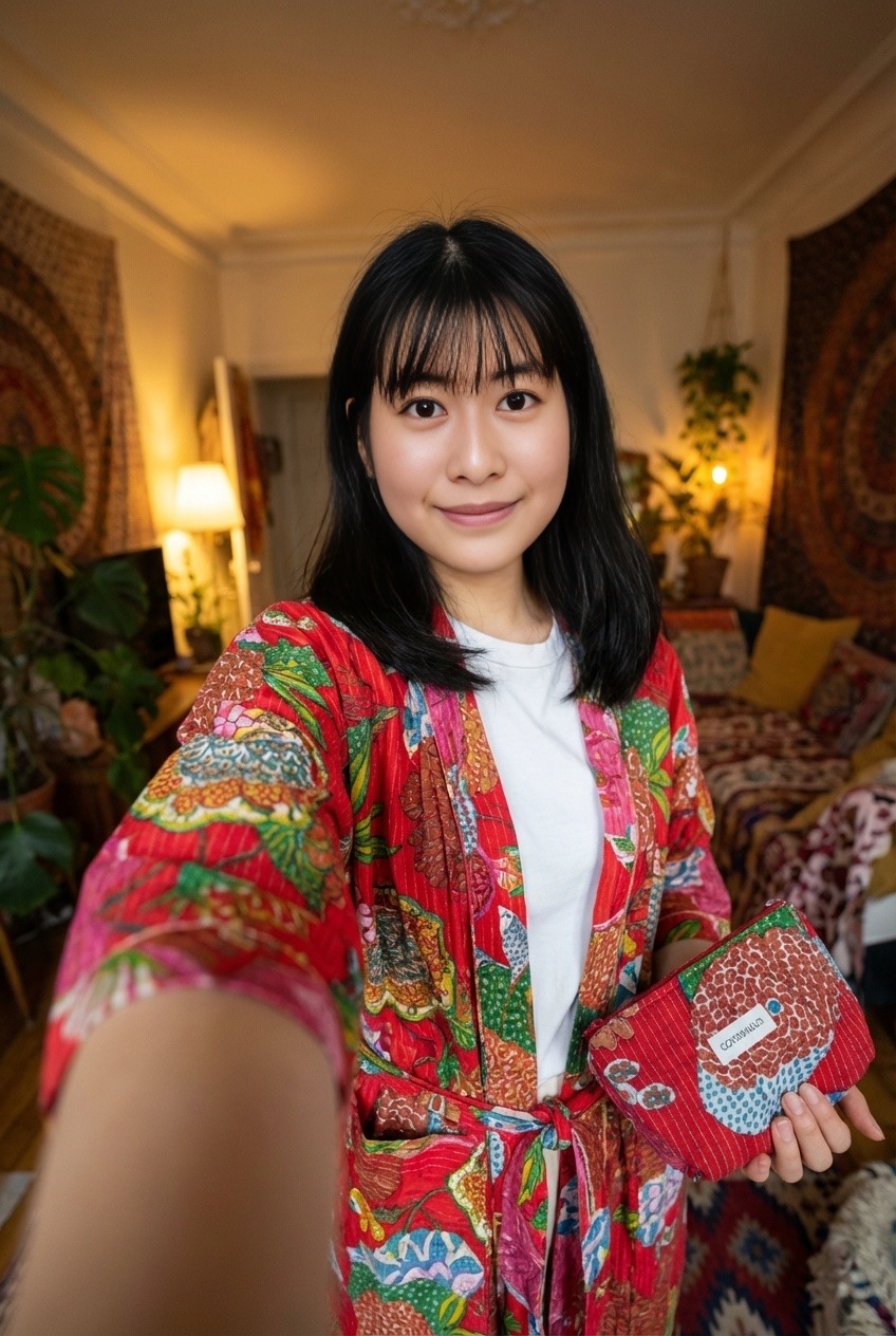 Sweet Home Hanoi Selfie Bathrobe Set with Red Flowers, Cotton