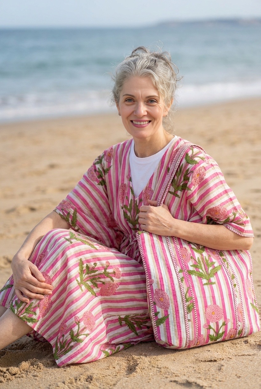 caftan plage en coton à fleurs et rayures roses