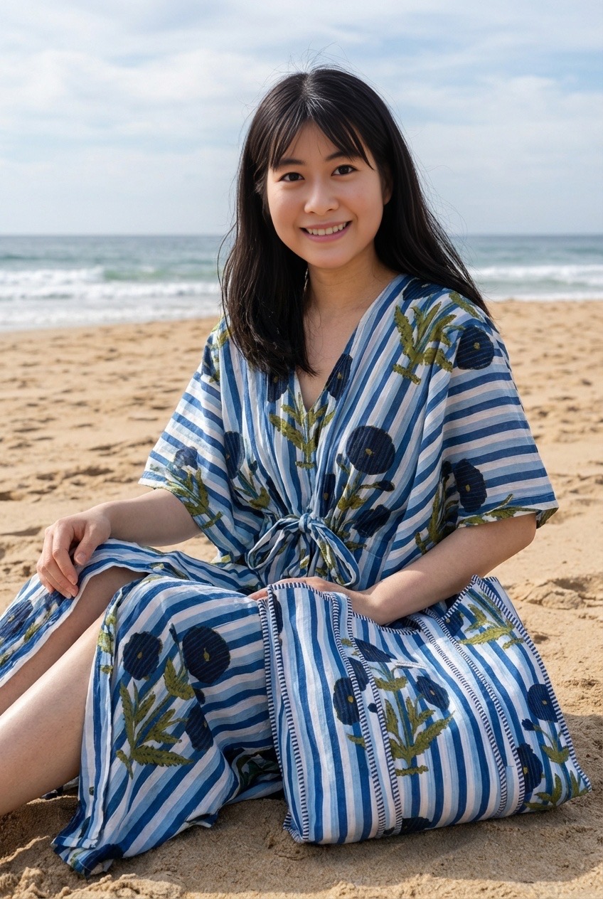 femme asiatique caftan plage en coton bleu fleurs rayures et sac cabas