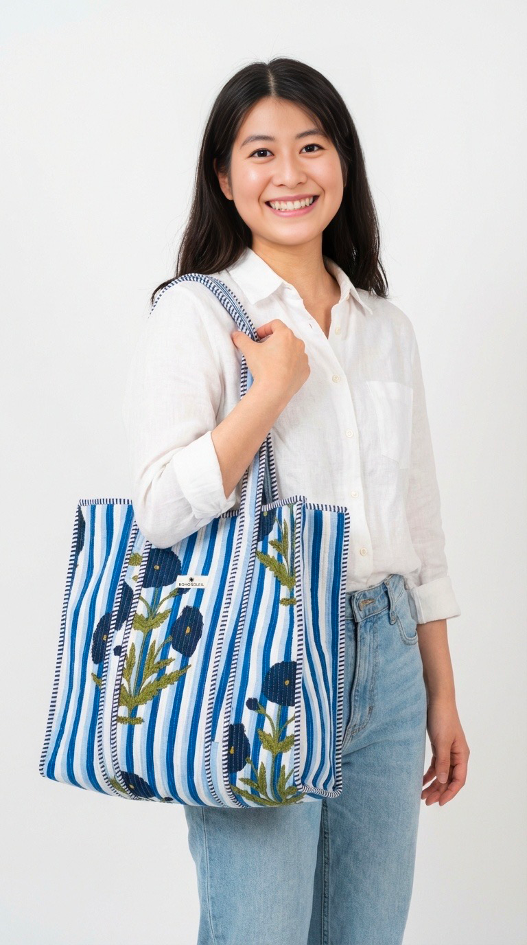 sac cabas en coton block print rayures bleues fleurs Paris