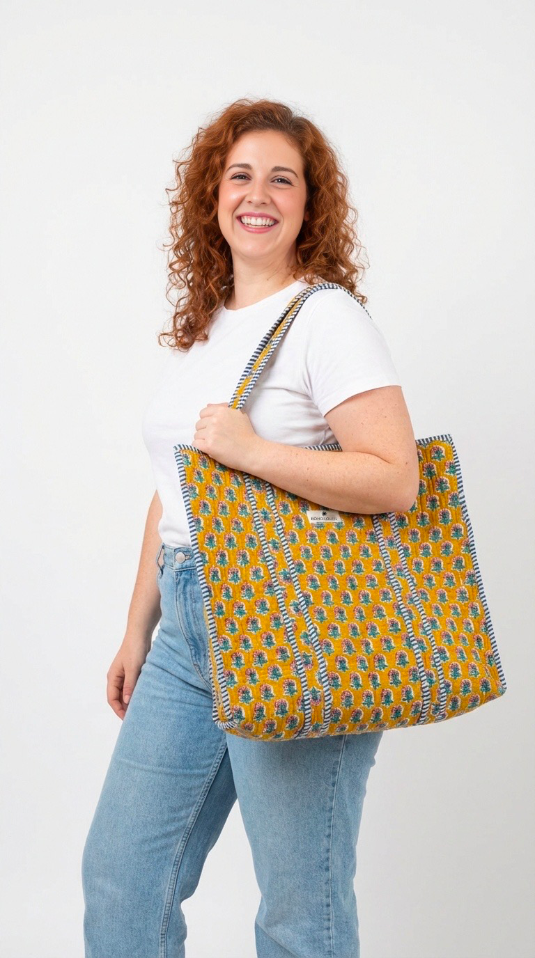 sac cabas en coton block print fleurs Sri lanka