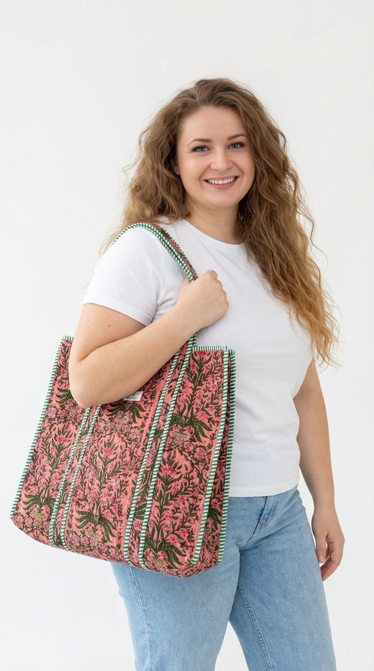 sac cabas en coton block print motif fleurs corail bangkok