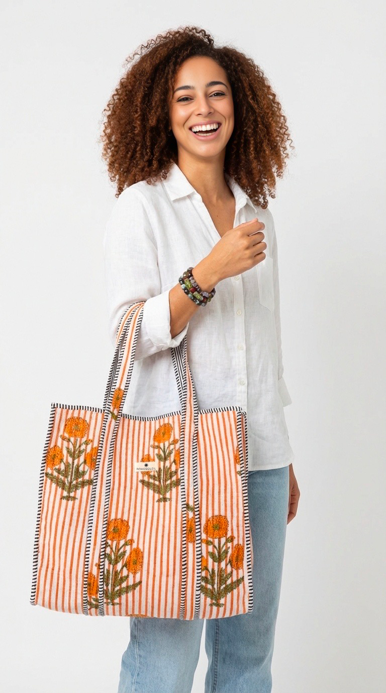 sac cabas en coton block print rayures oranges et fleurs modèle Versailles