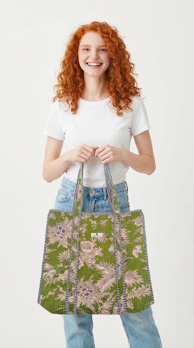 sac cabas en coton block print motif fleurs vert Bali