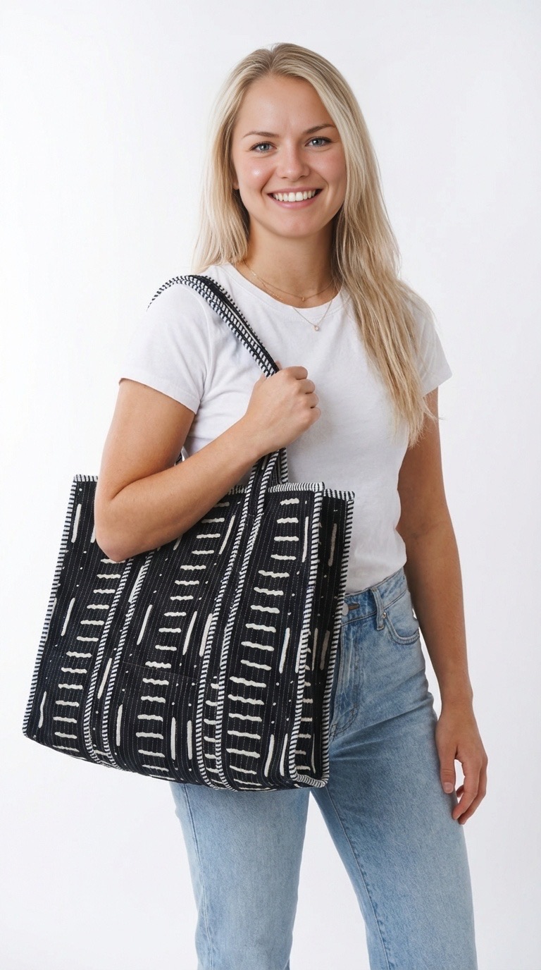 sac cabas en coton block print moderne noir modèle Bamako