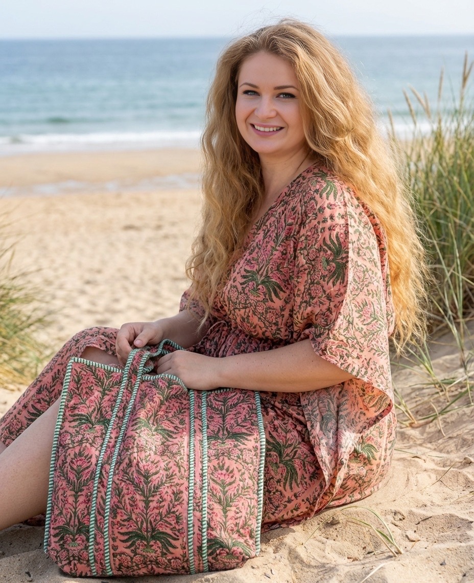 caftan plage en coton motif corail floral rose arabesques