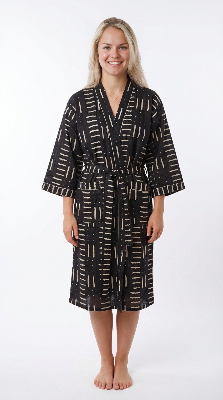Lightweight block-print cotton robe by Bohosoleil, Bamako style