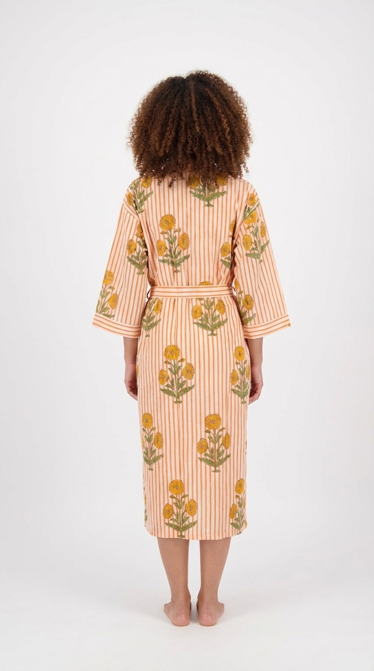 Lightweight block-print cotton robe by Bohosoleil, Versailles style (back view)