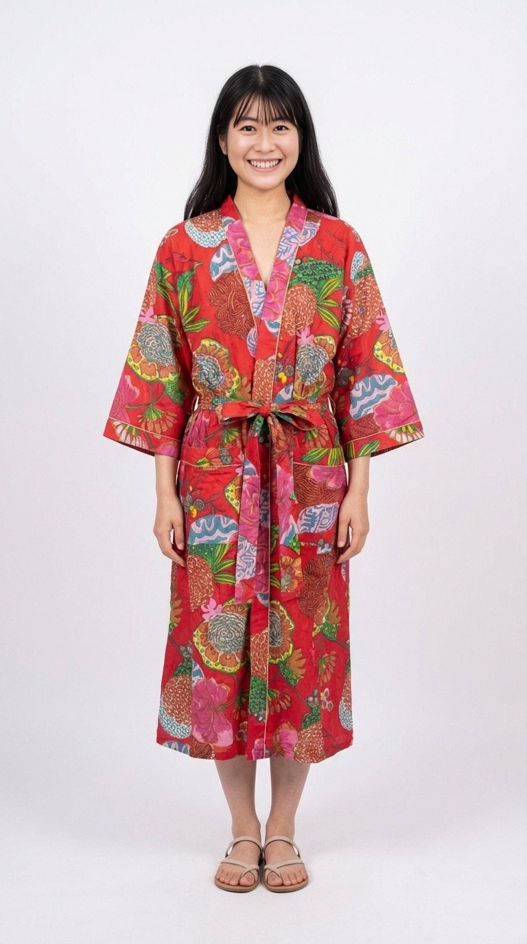 Lightweight cotton block print bathrobe by Bohosoleil, Hanoi model