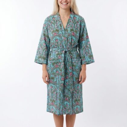 Peignoir léger en coton block print par Bohosoleil modèle Miami