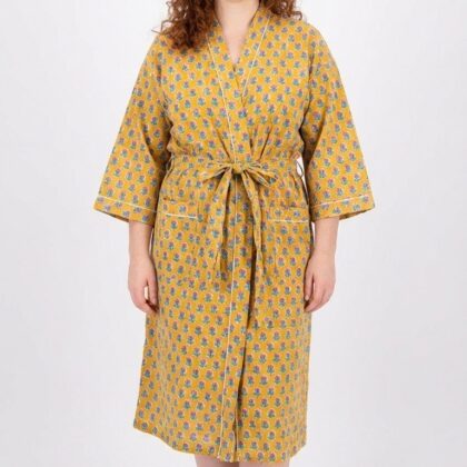 Peignoir léger en coton block print par Bohosoleil modèle Sri lanka