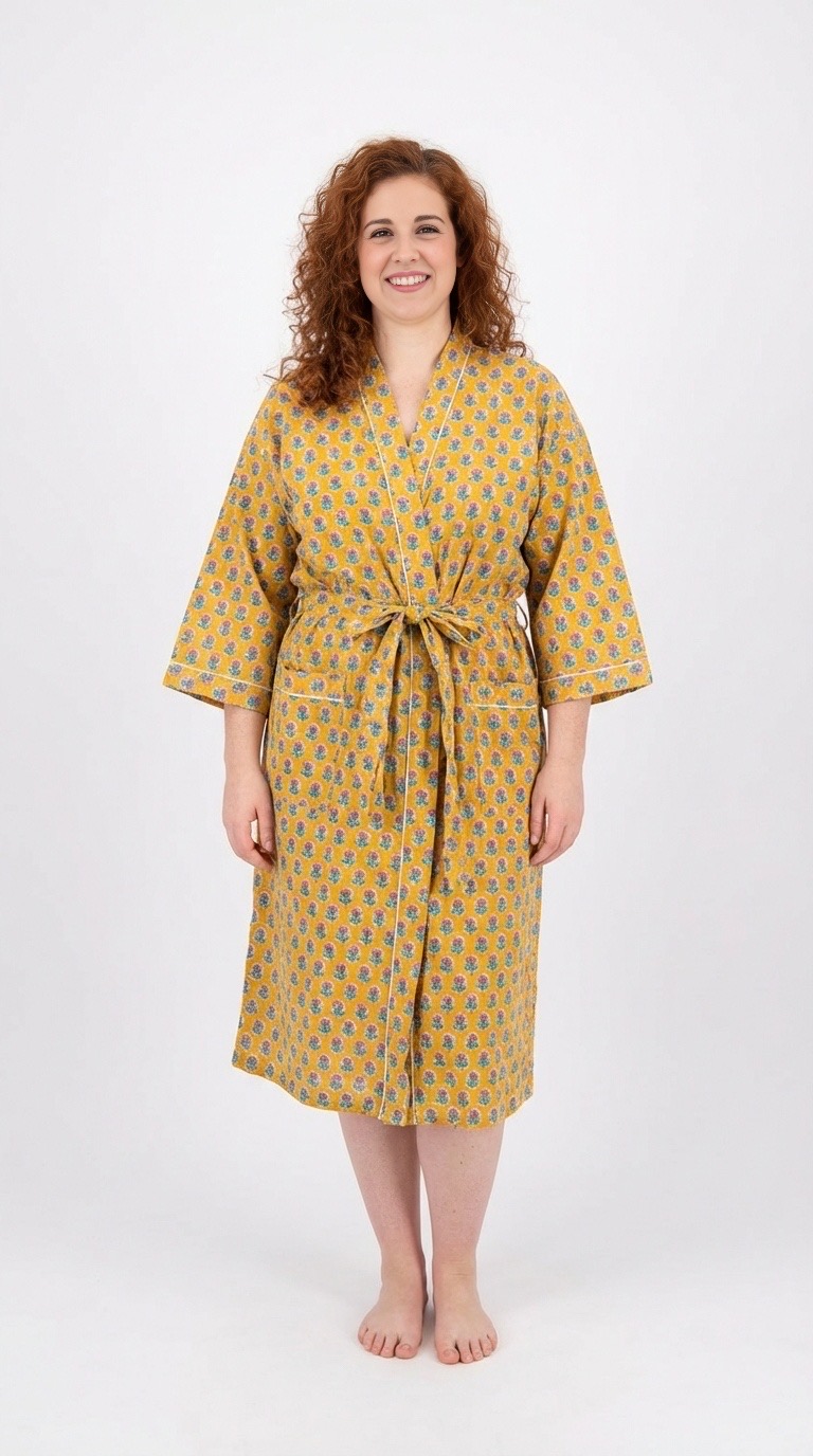 Lightweight block-print cotton robe by Bohosoleil, Sri Lanka style