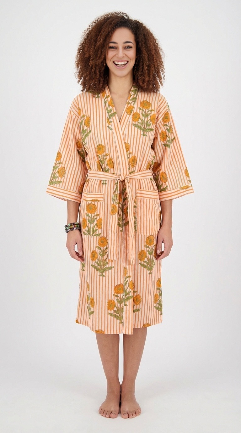 Peignoir léger en coton block print par Bohosoleil modèle Versailles