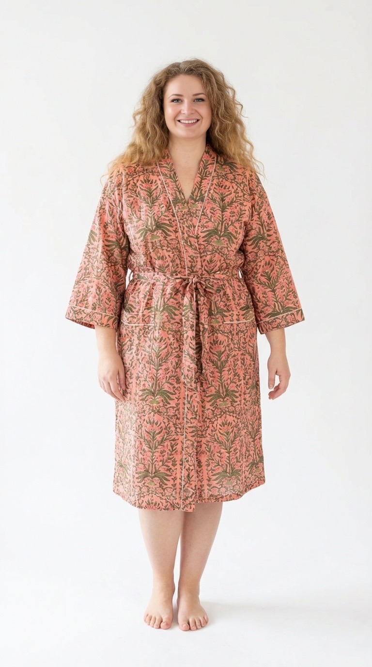 Lightweight cotton block print bathrobe by Bohosoleil, Bangkok model