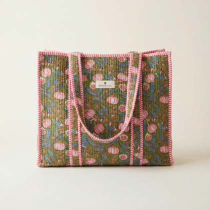 sac cabas en coton Athènes par Bohosoleil fleurs grenades vert