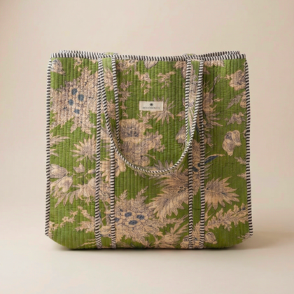 Sac Cabas Bali par Bohosoleil vert fleurs floral coton block print