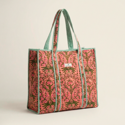 Sac cabas Bangkok par Bohosoleil corail motif fleurs coton block print
