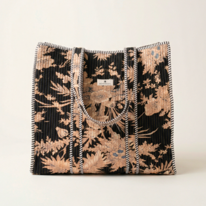 Sac Cabas Beijing par Bohosoleil noir motif fleurs coton block print