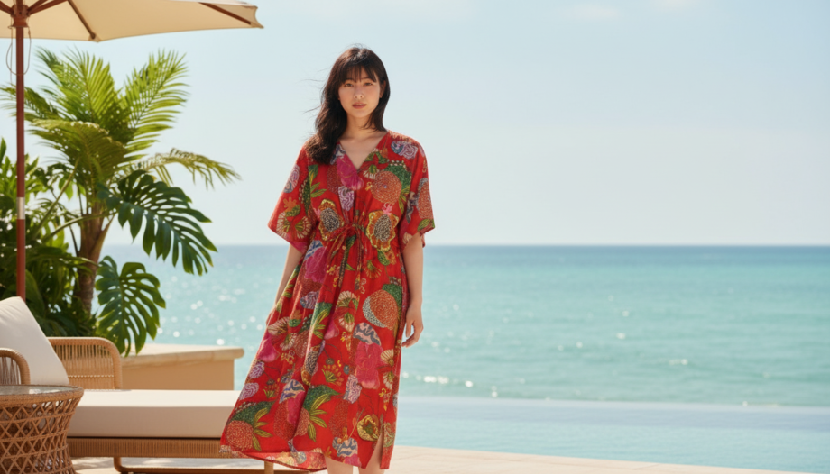caftan hanoi en coton block print rouge avec fleurs au bord de la plage