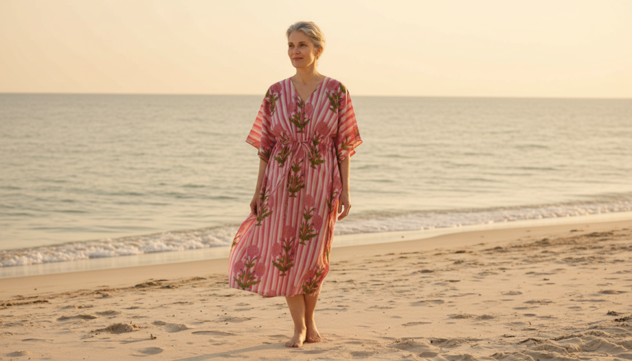 caftan rayures roses fleurs plage de rêve tropiques bohosoleil