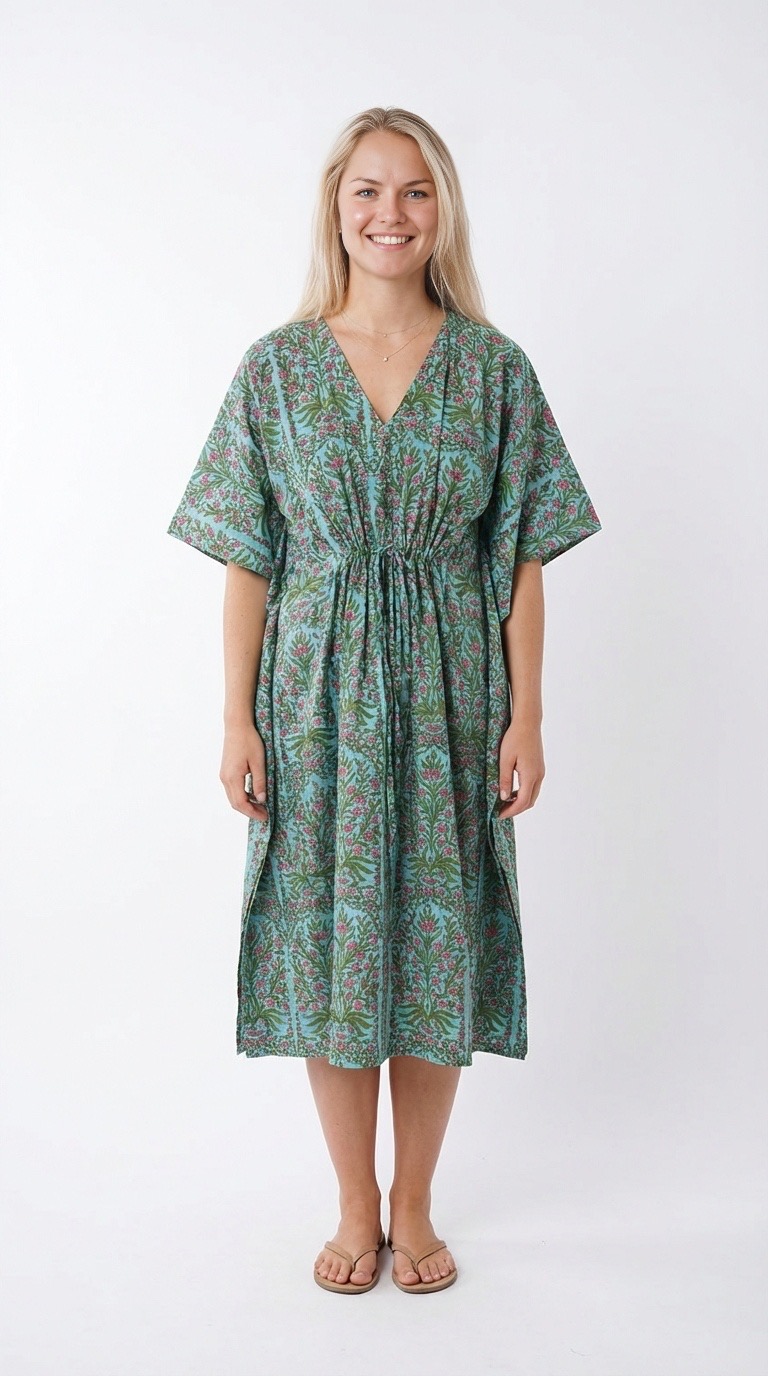 caftan en coton block print de face de la marque Bohosoleil