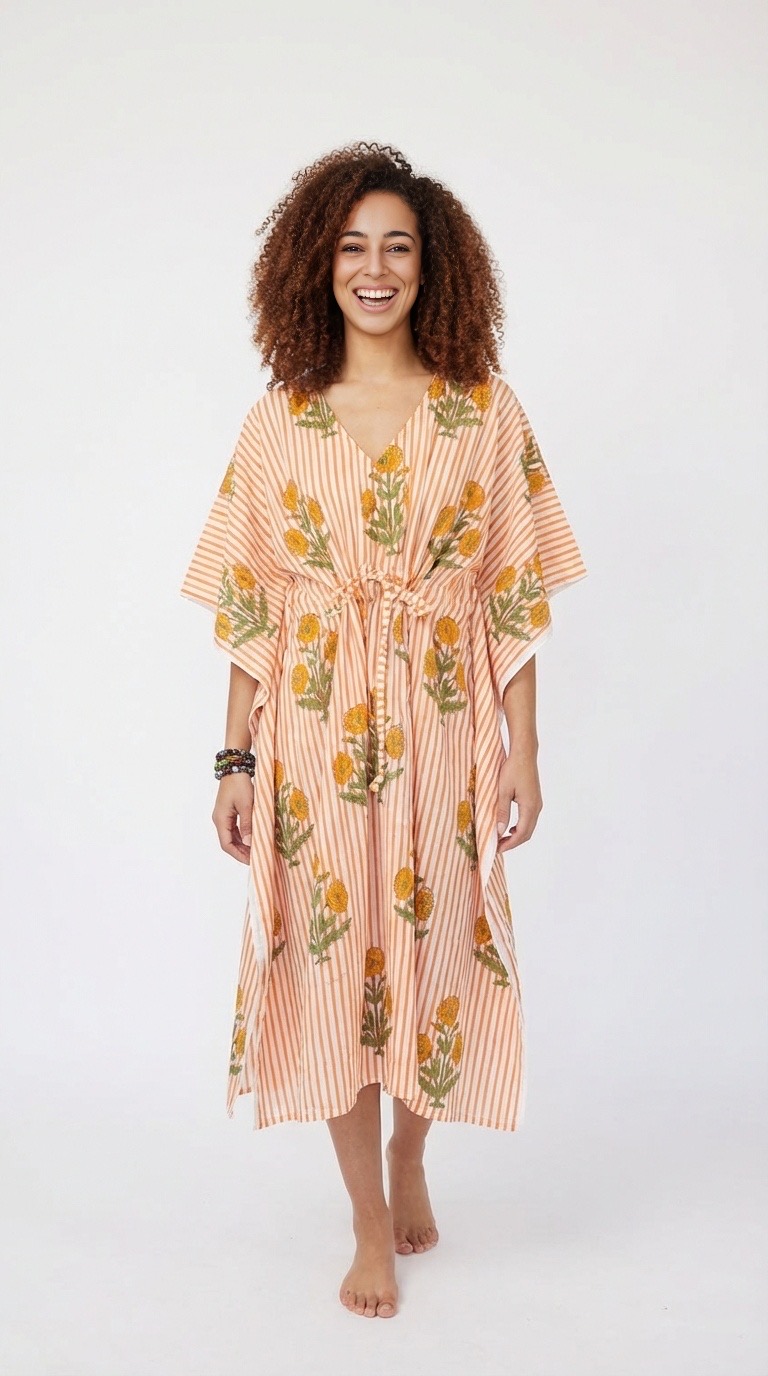 caftan Versailles en coton block print de la marque Bohosoleil