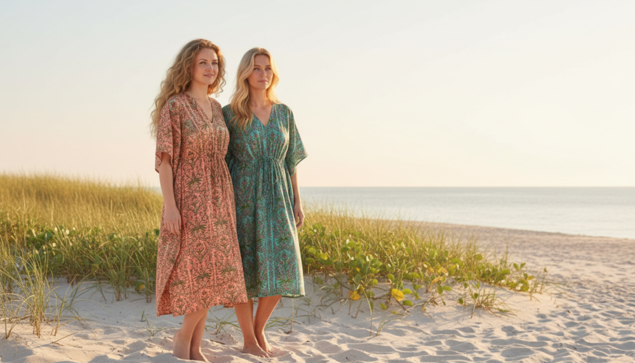 caftans fleurs corail et bleu en coton block print faits à la main par Bohosoleil