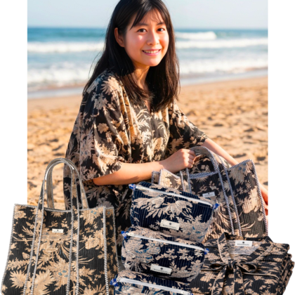 set peignoir caftan trousses maquillage toilette sac cabas noir floral fleurs coton block print