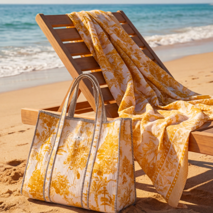 kit plage été avec paréo et sac cabas blanc motif jungle sur transat