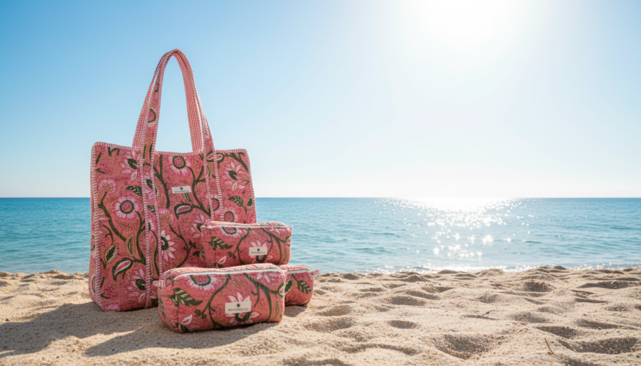 caftan trousses en coton design moderne block print artisanal fait main Bohosoleil rose fleurs