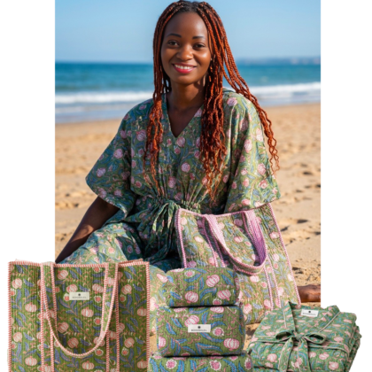 kit signature athènes avec caftan peignoir sac cabas et trousses de toilettes motif floral vert grenades par Bohosoleil