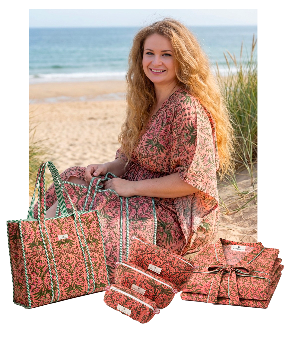 kit signature bangkok avec caftan peignoir sac cabas et trousses de toilettes corail fleurs moderne tendance par Bohosoleil