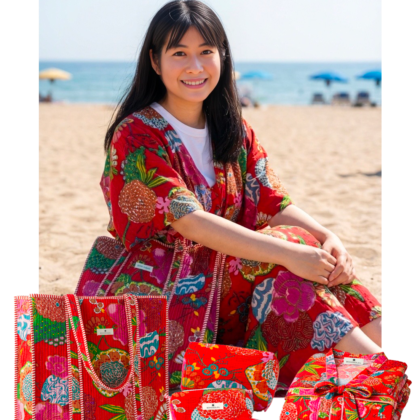 kit signature Hanoi avec caftan peignoir sac cabas et trousses de toilettes rouge fleurs motif tendance par Bohosoleil