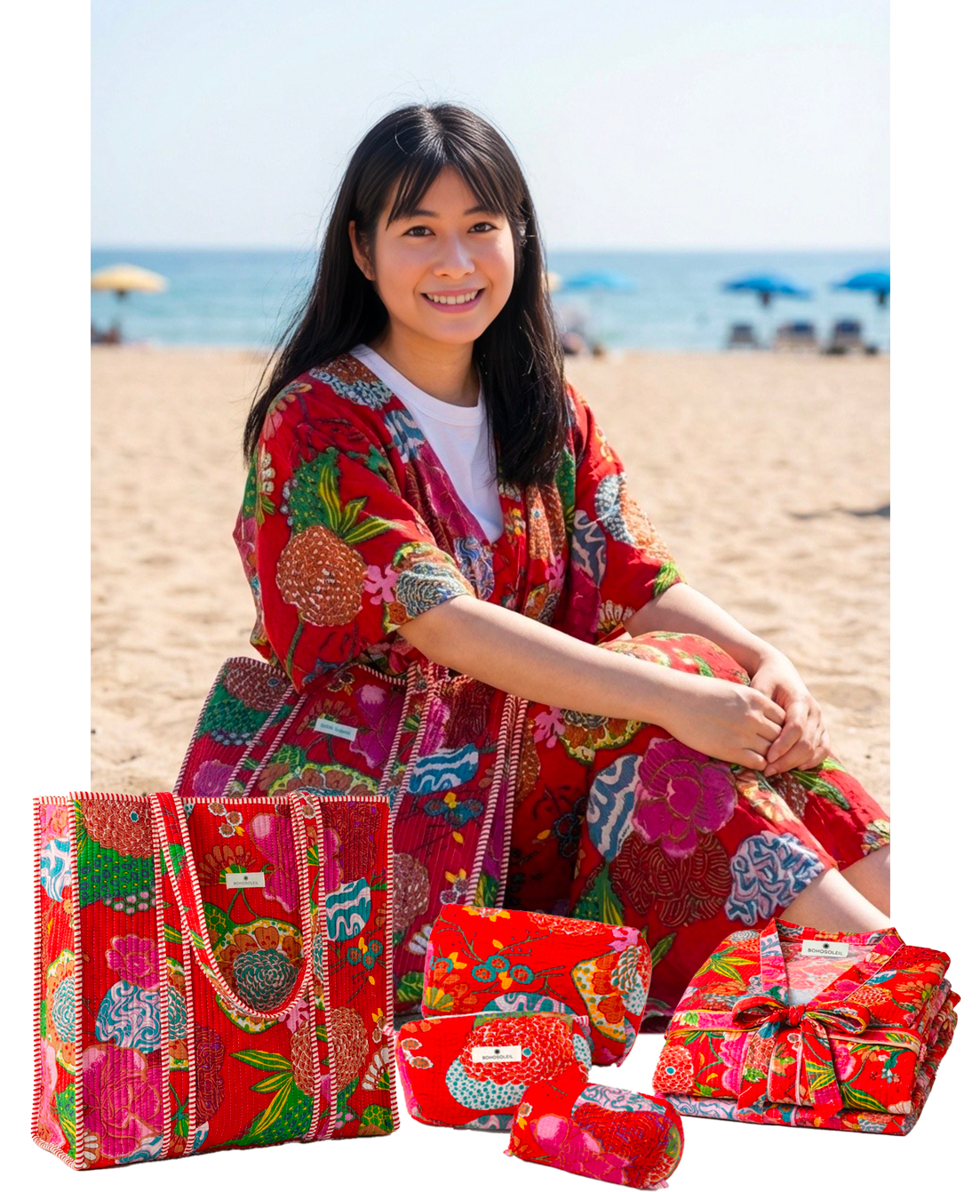 kit signature Hanoi avec caftan peignoir sac cabas et trousses de toilettes rouge fleurs motif tendance par Bohosoleil