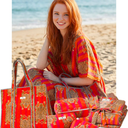 kit signature jaipur avec caftan peignoir sac cabas et trousses de toilettes tigres rayures orange rouge motif tendance par Bohosoleil