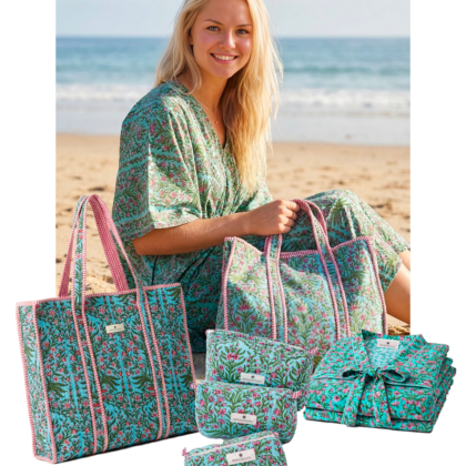 set peignoir caftan trousses maquillage toilette sac cabas bleu floral fleurs coton block print
