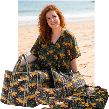 set peignoir caftan trousses maquillage toilette sac cabas noir jungle panthères léopards coton block print