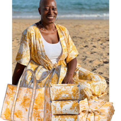 kit signature nairobi avec caftan peignoir sac cabas et trousses de toilettes motif jungle jaune tendance par Bohosoleil