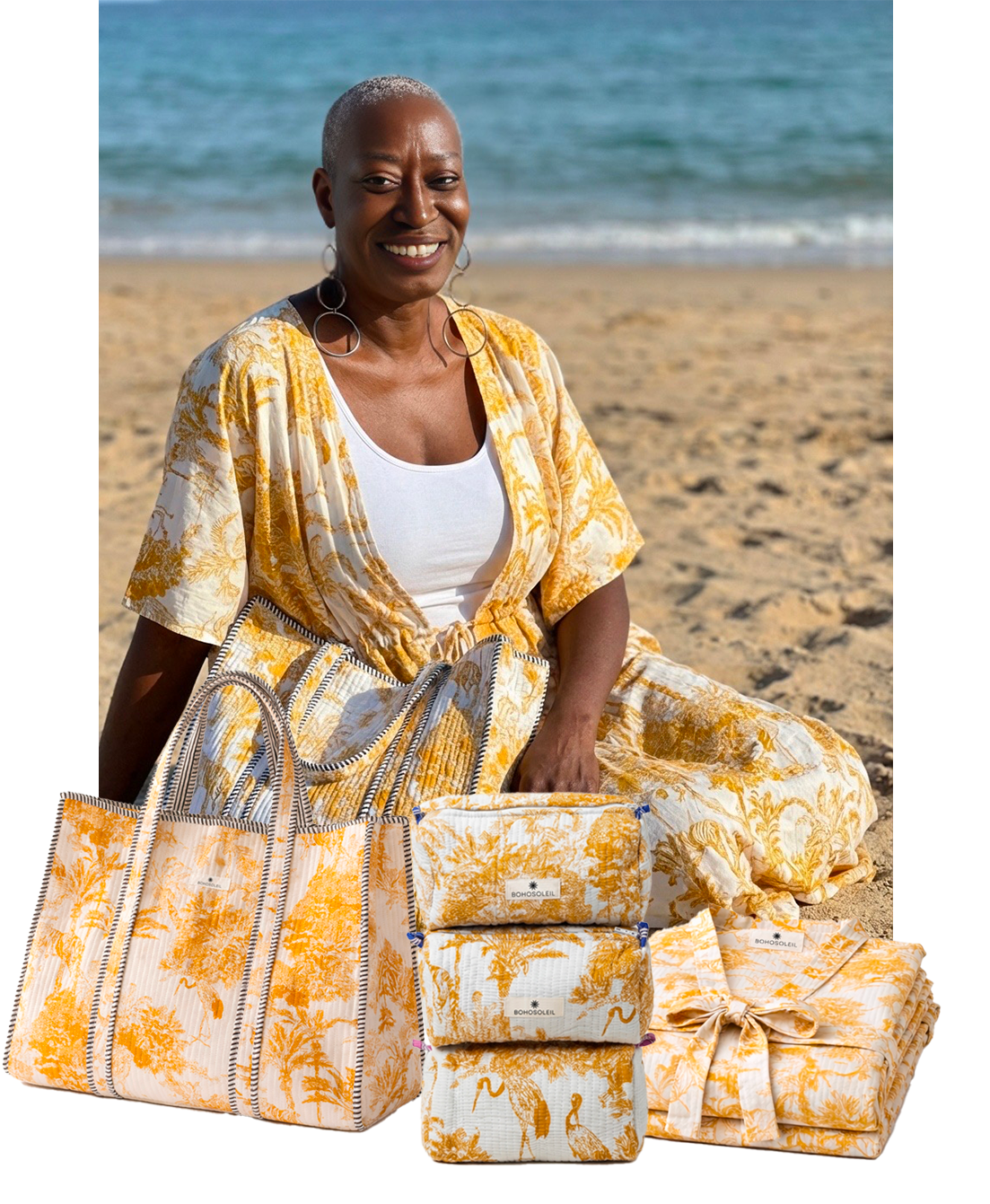 kit signature nairobi avec caftan peignoir sac cabas et trousses de toilettes motif jungle jaune tendance par Bohosoleil