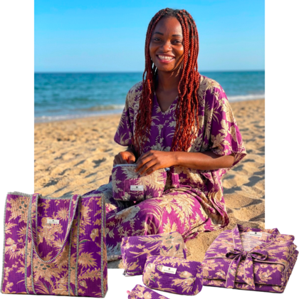 kit signature singapour avec caftan peignoir sac cabas et trousses de toilettes violet motif fleurs tendance par Bohosoleil