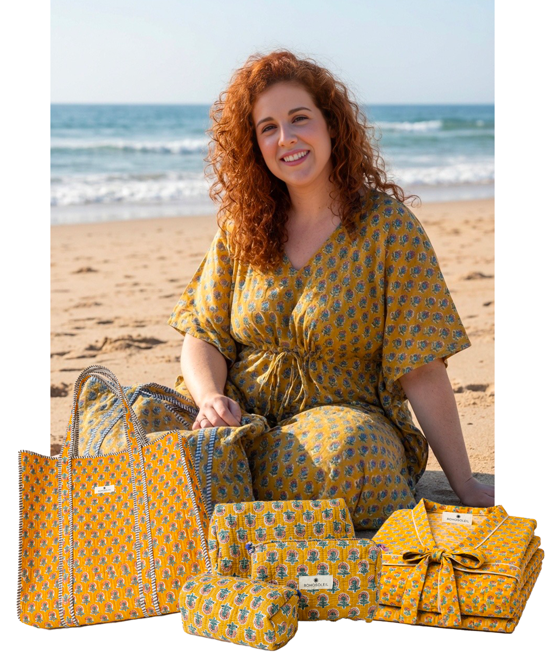 kit signature sri lanka avec caftan peignoir sac cabas et trousses de toilettes moutarde motif fleurs tendance par Bohosoleil