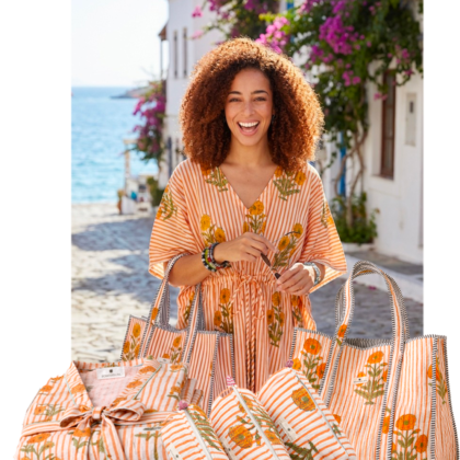 kitt sac peignoir caftan trousses toilette maquillage fleur orange rayures coton block print